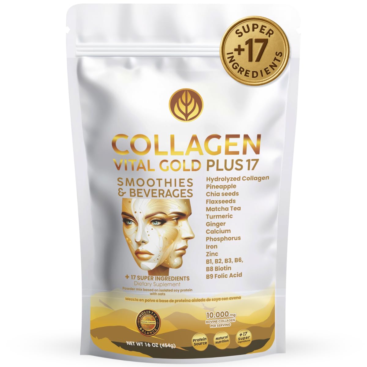 Gold Vital Life Collagen Peptides Powder - Hydrolyzed Collagen with +17 Super Ingredients, 16 oz