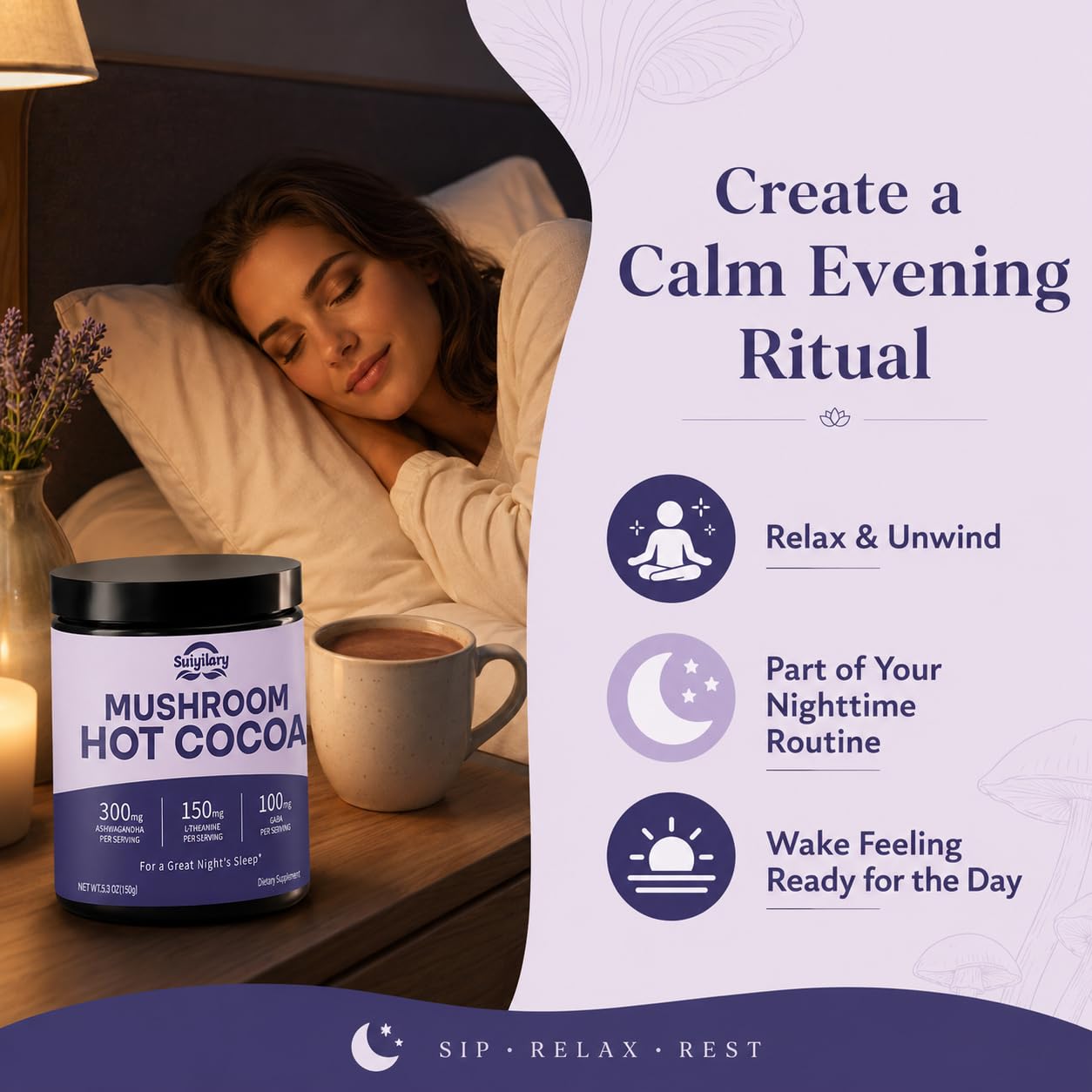 Suiyilary 10 Mushroom Hot Cocoa for Sleep Powder 5.3 oz