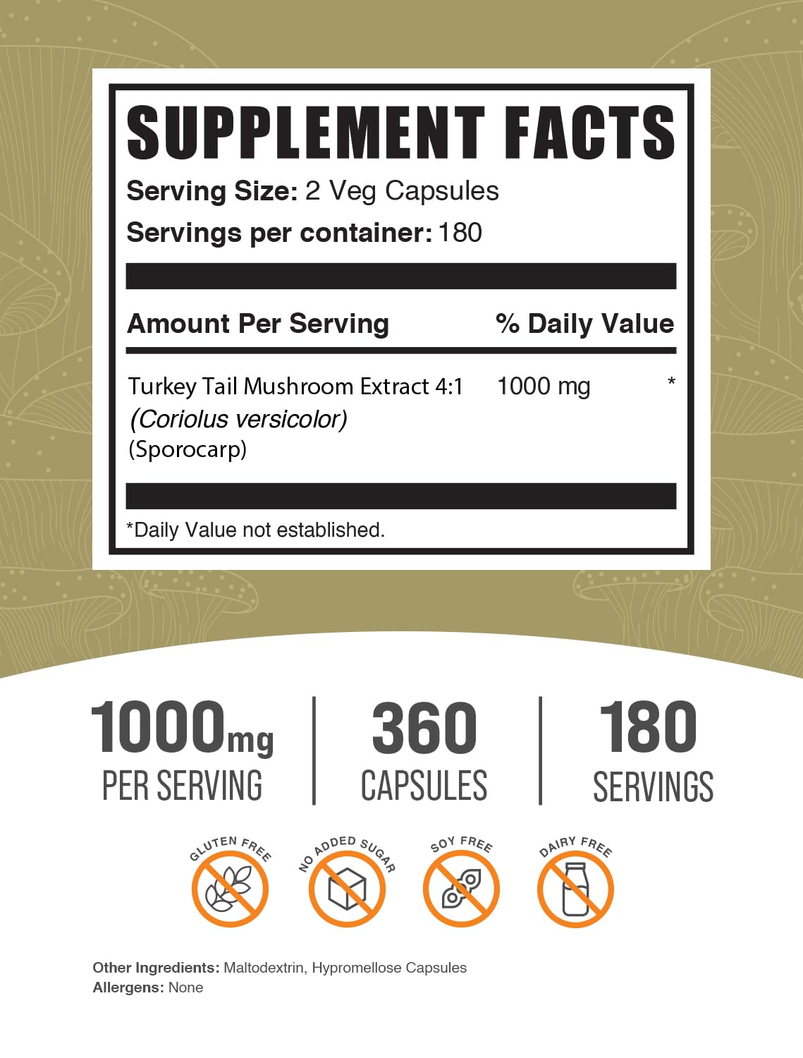 BulkSupplements Turkey Tail Mushroom Capsules - Coriolus Versicolor Extract, 120 Count