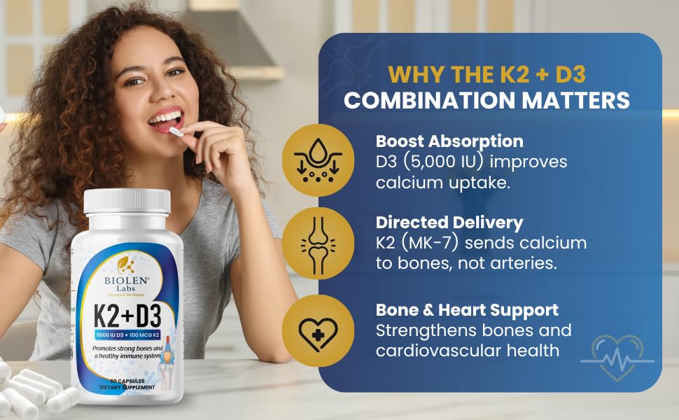Biolen Labs Elevated Wellness K2 + D3 Vitamin Supplement, Bone Health Support, Immune System Support, 60 Vegan Capsules