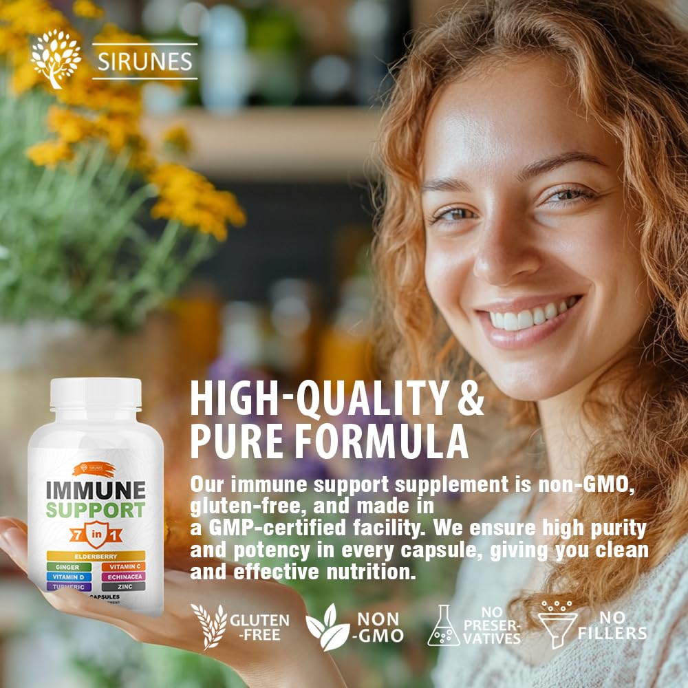 SIRUNES Immune Booster - Immunity Support Multivitamin with Vitamin C, D3, Elderberry, Zinc, Echinacea, Ginger & Turmeric - Antioxidant, Energy, Brain Health & Stress Relief, 120 Capsules