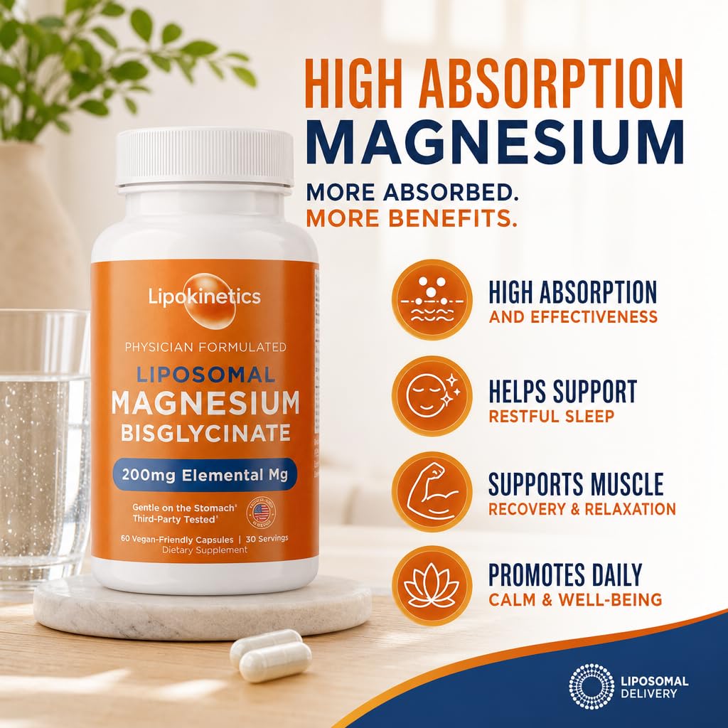 LIPOKINETICS Liposomal Magnesium Bisglycinate 200mg Elemental Mg, High Absorption Magnesium Glycinate, Sleep, Muscle and Stress Support, 60 Vegan Capsules