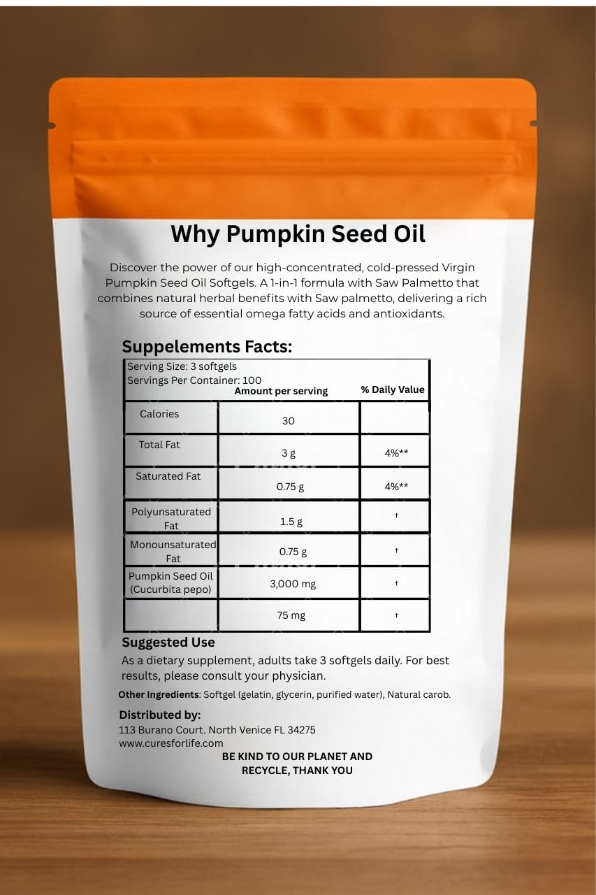 Cures For Life Pumpkin Seed Oil with Saw Palmetto Softgels 300 Count