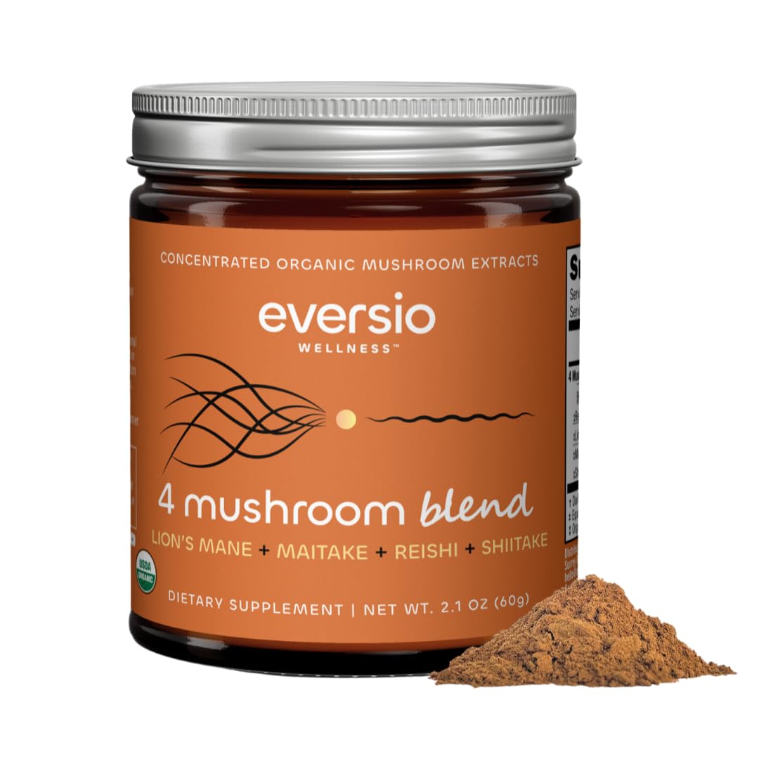 Eversio Wellness Organic 4 Mushroom Blend Complex Powder – Reishi, Lion’s Mane, Maitake & Shiitake Fruiting Body Extract Blend – Daily Immune & Stress Support, 2.12 oz