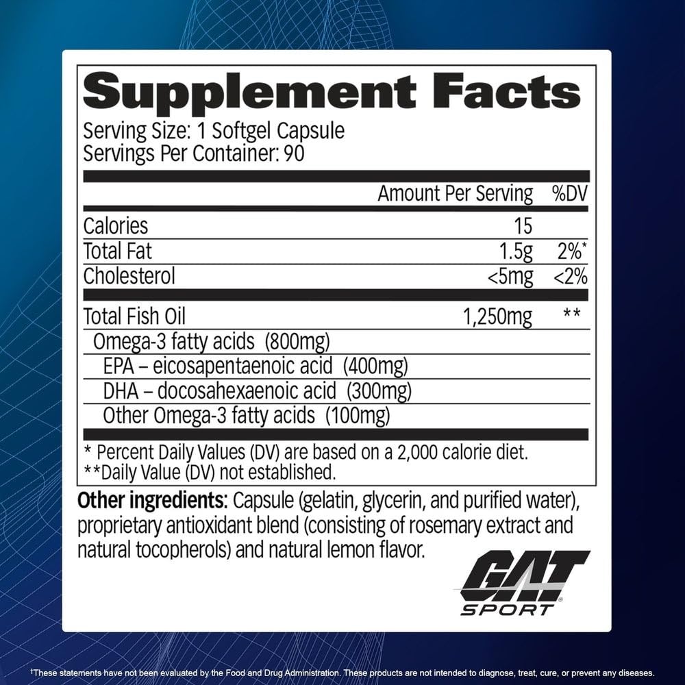 GAT SPORT Essentials Omega-3 Purified Fish Oil Softgels 90 Count