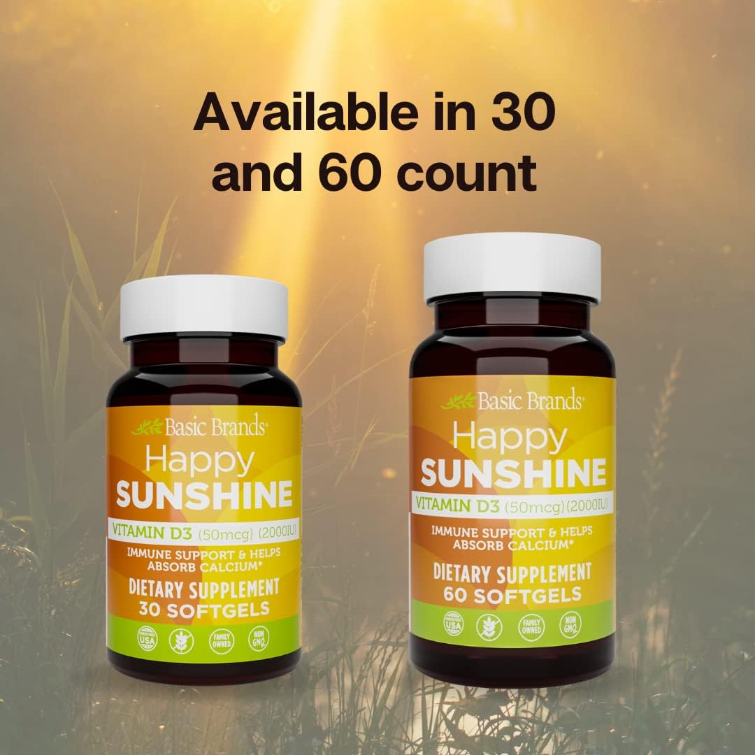 Basic Organics Happy Sunshine Vitamin D3 2000 IU (50 mcg) Softgel, 120 Count
