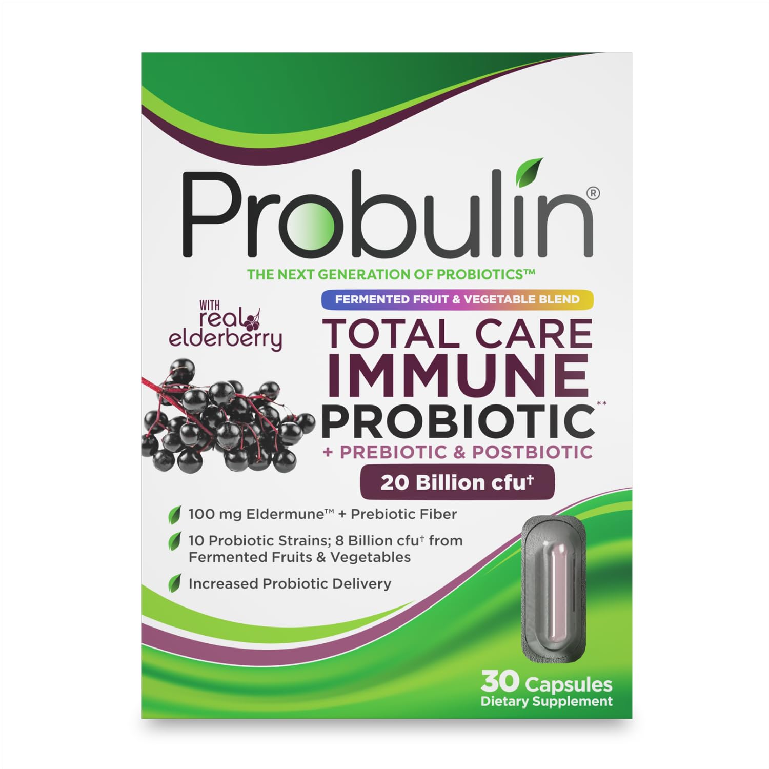 Probulin Total Care Immune = Prebiotics + Probiotics + Postbiotics + Elderberry to Support Immune & Gut Health Capsules, 30 Count