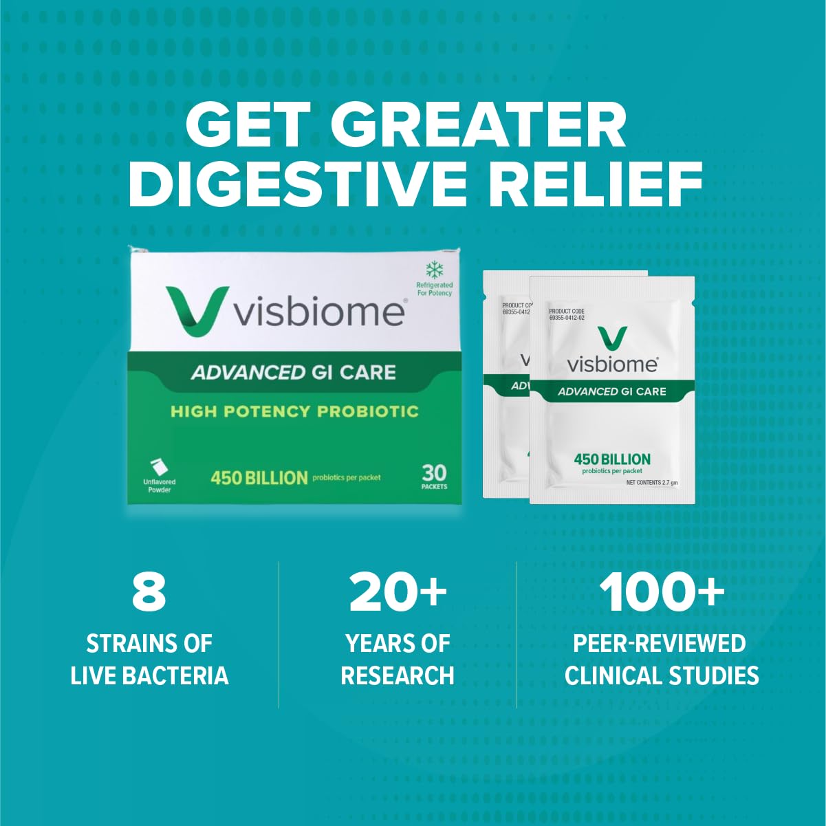 Visbiome Advanced GI Care High Potency Probiotic 450 Billion CFU Live Probiotics Original De Simone Formulation, Powder, 60 Packets