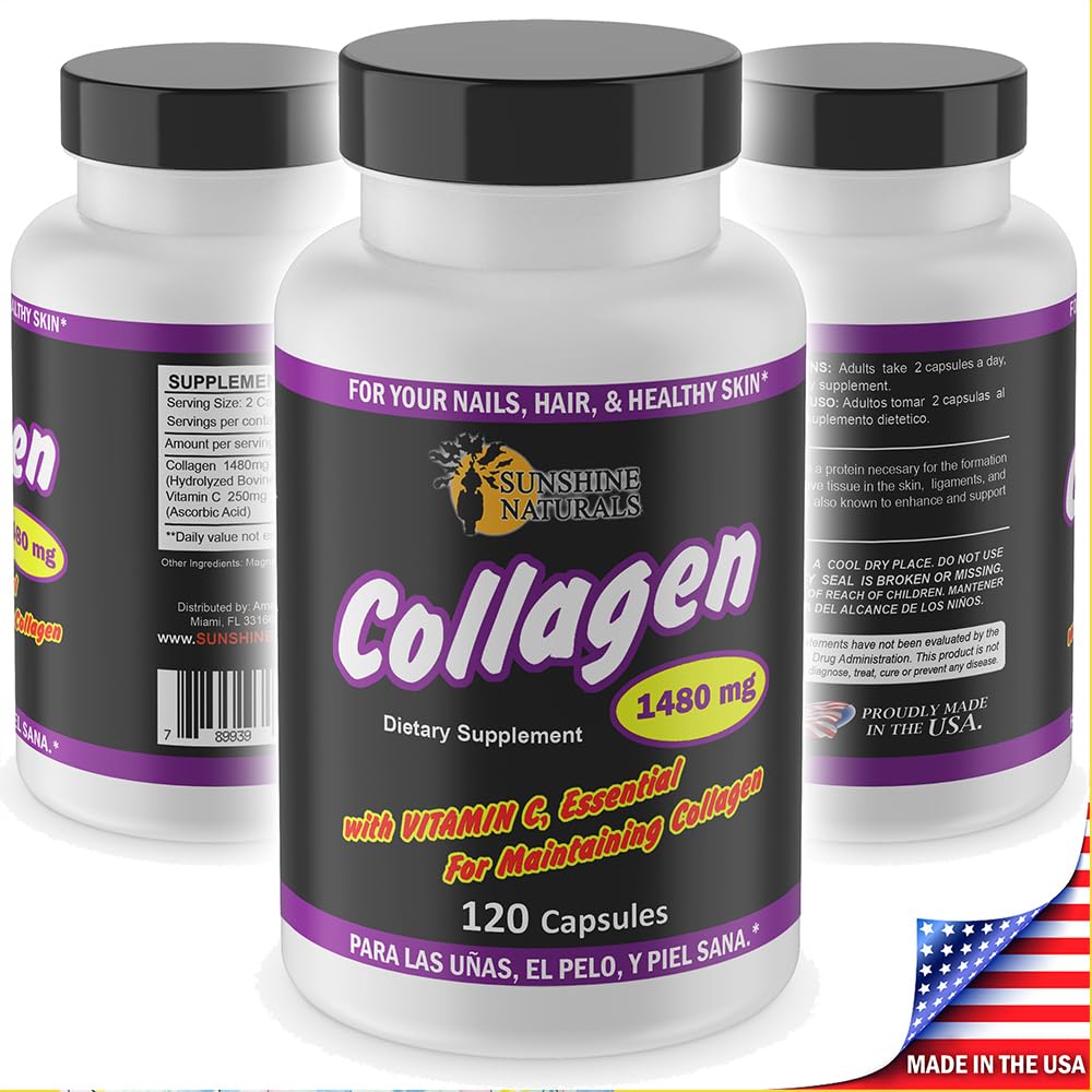 Sunshine Naturals Hydrolyzed Collagen and Vitamin C Dietary Supplement 120 Capsules