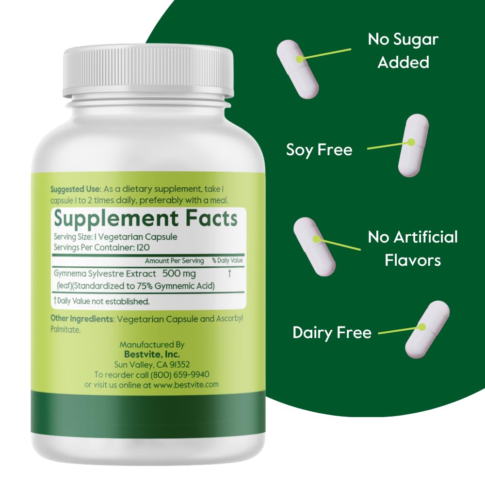 BESTVITE Standardized Gymnema Sylvestre 500mg Capsule, 120 Count