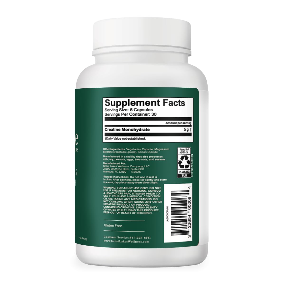 Great Lakes Wellness Creatine Monohydrate Capsules, 180 Count