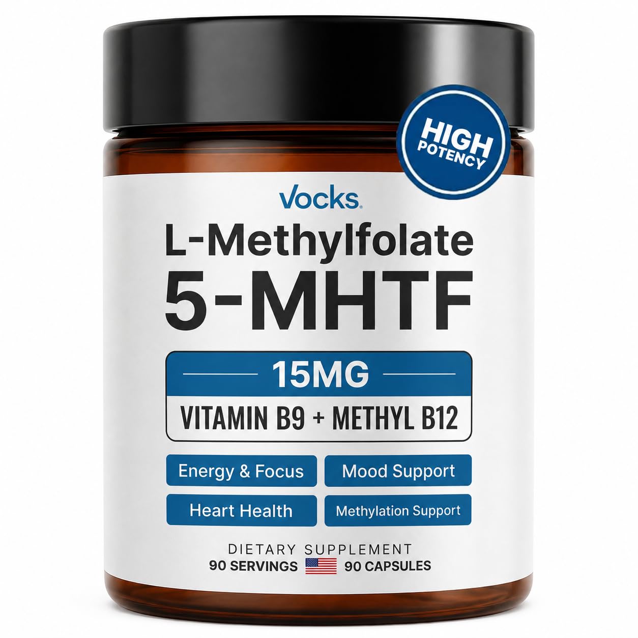 Vocks L Methylfolate 15mg 5-MTHF + Methyl B12 High Potency Methylfolate Supplement, Active Methylated Folate Vitamin B9, 90 Capsules