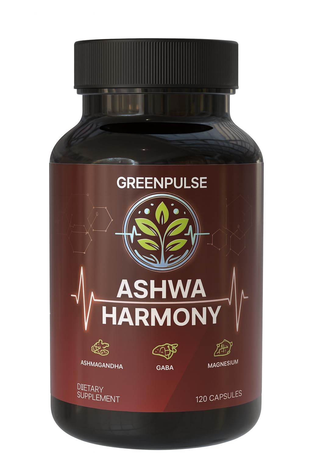 GREENPULSE Ashwa Harmony Adaptogenic Blend with Ashwagandha, GABA, Magnesium Glycinate, 120 Capsules