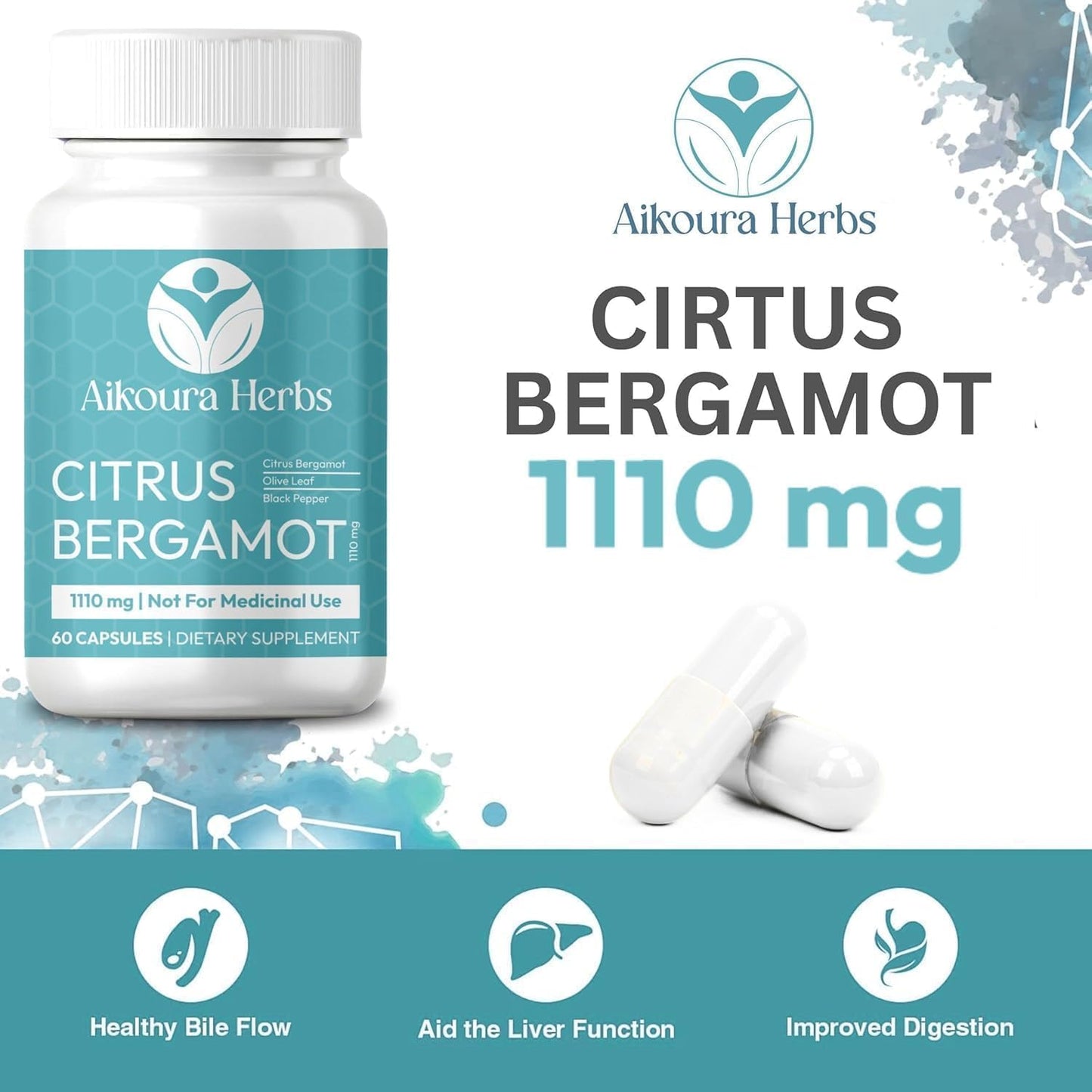 AIKOURA HERBS Citrus Bergamot Supplement 1110mg with Niacin, Olive Leaf & Black Pepper 60 Capsules