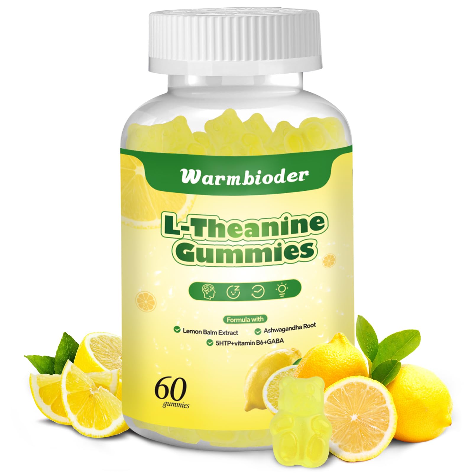 Warmbioder L-Theanine Gummies with Ashwagandha, GABA & 5-HTP, Lemon Flavor, 60 Gummies