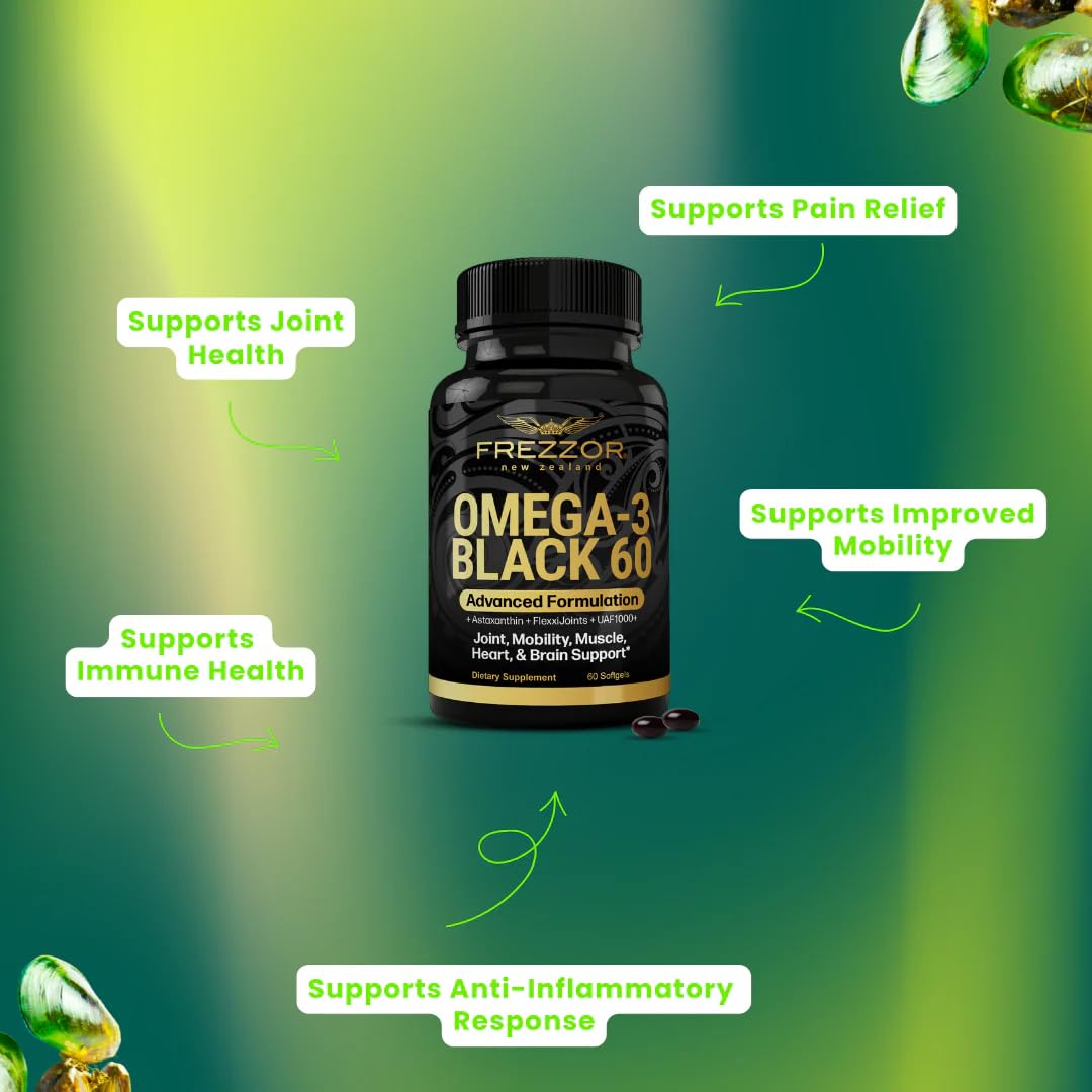 FREZZOR Omega 3 Black for Joint Care & Comfort with New Zealand Green-Lipped Mussel Oil, 450mg, 360 Capsules