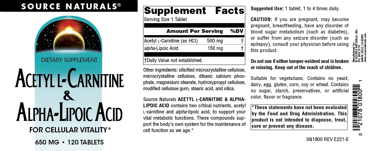 Source Naturals Acetyl L-Carnitine & Alpha-Lipoic Acid 650mg Tablet, 120 Count
