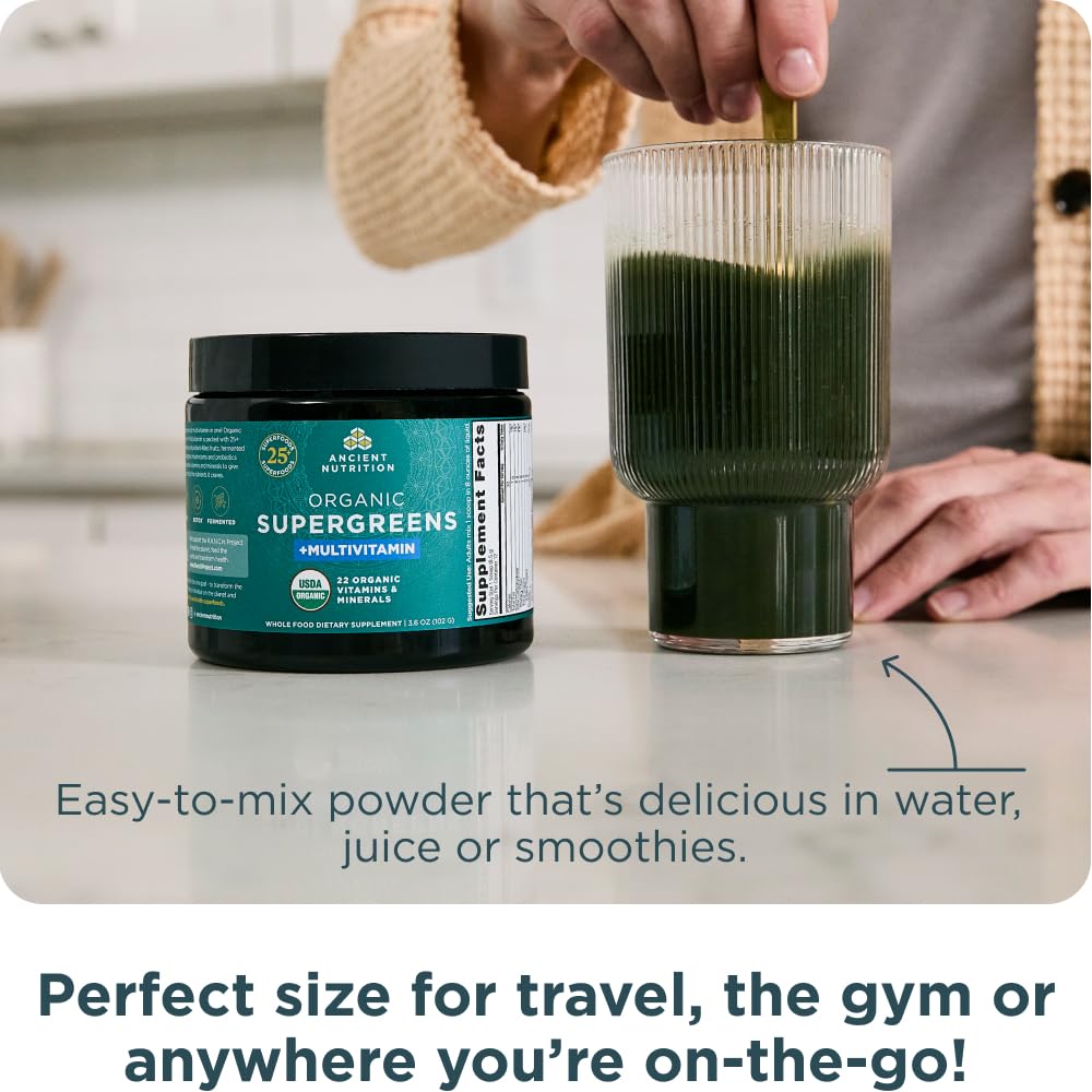 Ancient Nutrition Organic SuperGreens Powder with Probiotics, 3.6oz, 12 Servings