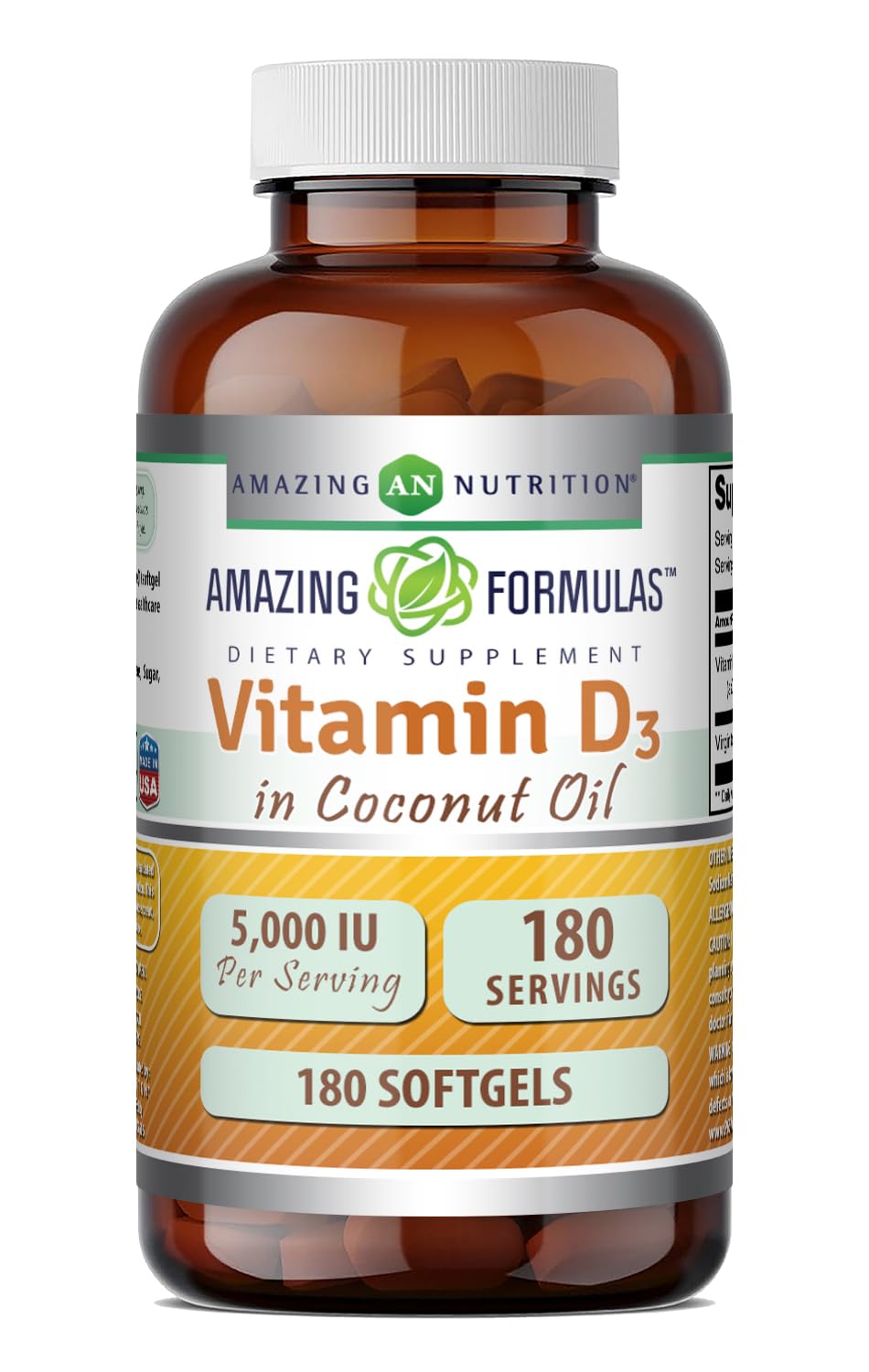 Amazing Nutrition Vitamin D3 with Coconut Oil Supplement Softgels, 180 Softgels