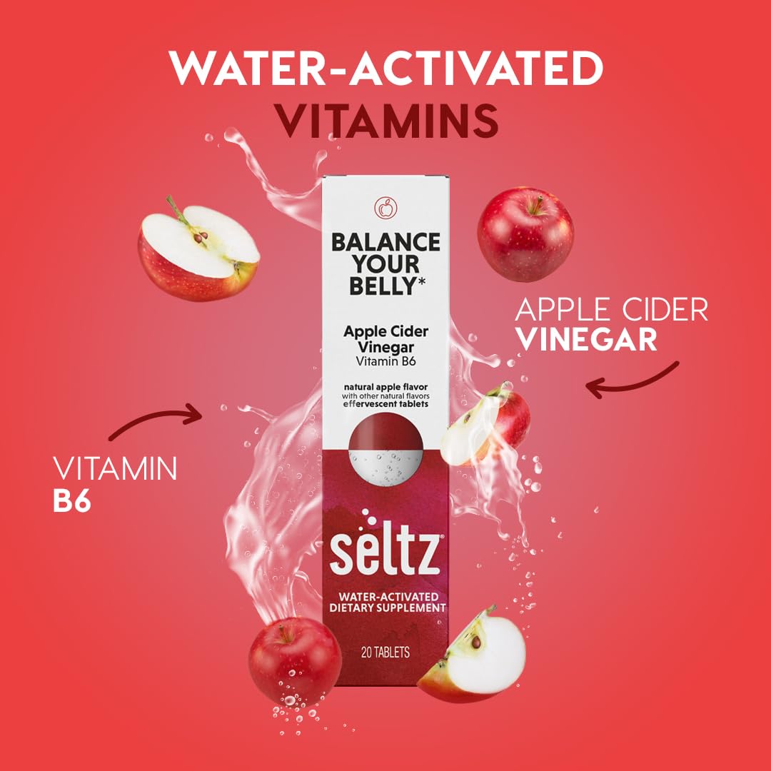 Seltz Balance Your Belly – Effervescent Vitamins with Apple Cider Vinegar (1000 mg) & Vitamin B6 for Digestive Health, Blood Sugar & Mood Support – Apple Flavor, 120 Tablets