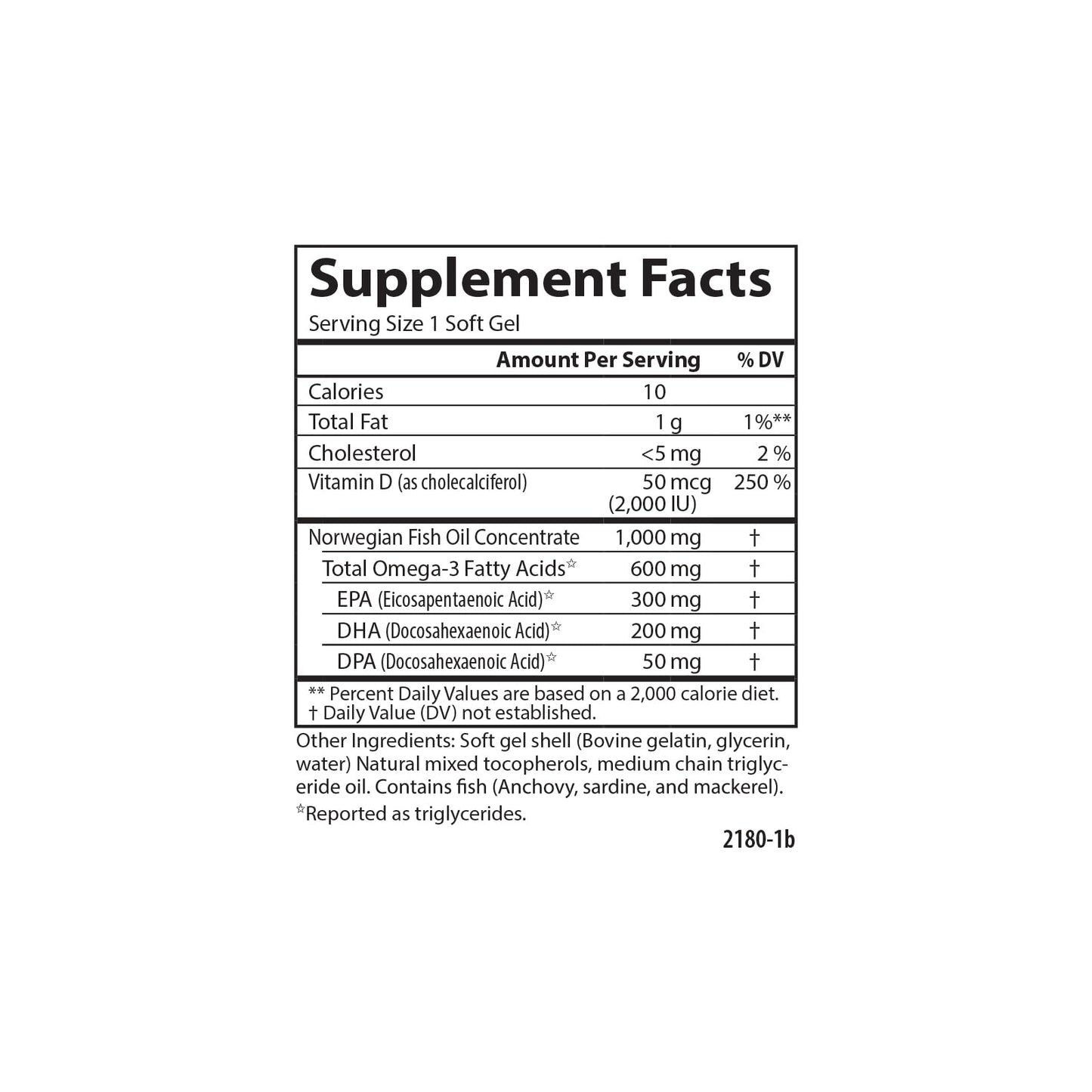 Carlson Omega-3 + D 600 mg Omega-3s with EPA & DHA + 2,000 IU Vitamin D3 Softgels, 50 Count