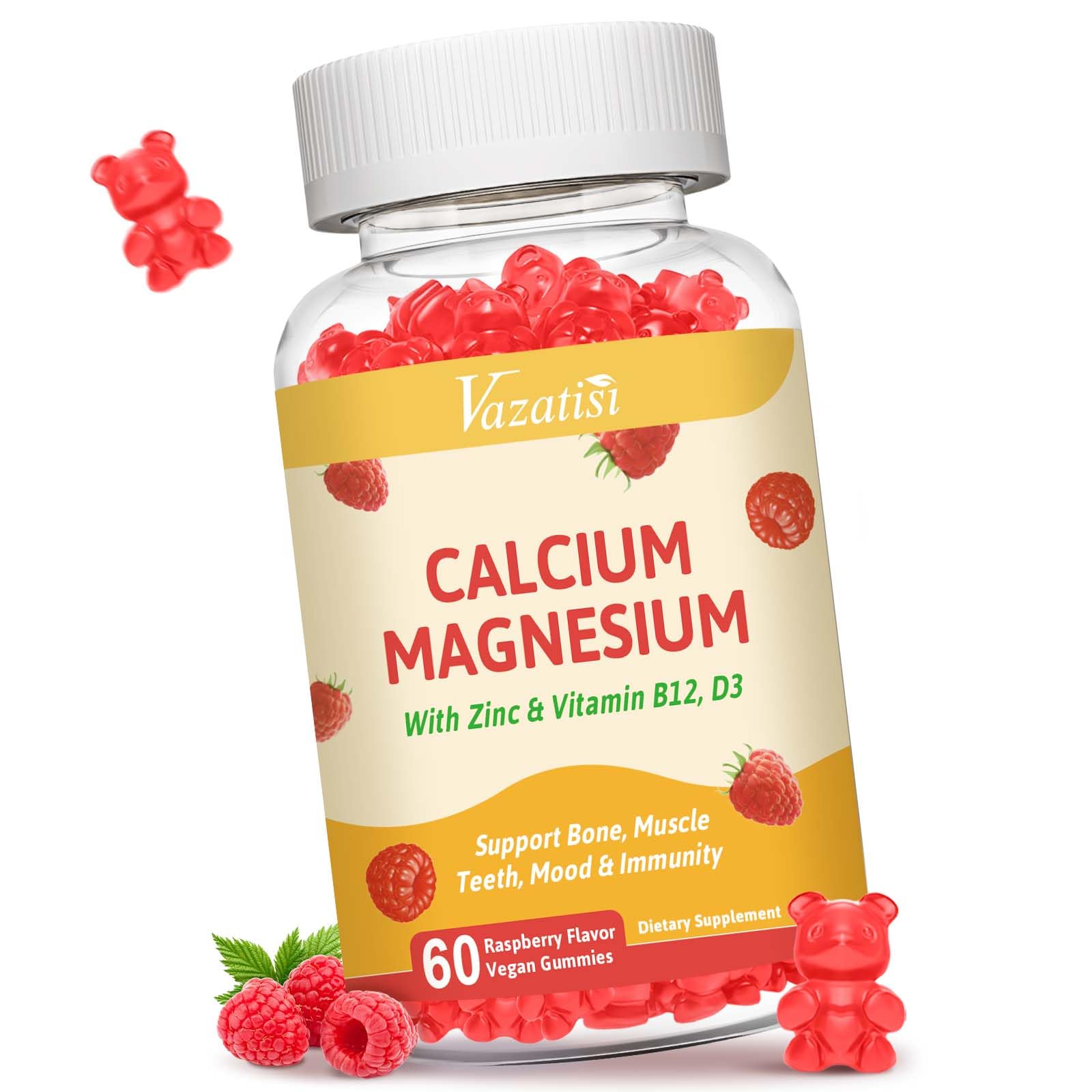 Vazatisi Calcium Gummies with Magnesium, Zinc, Vitamin D3 & B12, Calcium Supplements for Bone, Muscle and Immunity, 60 Gummies