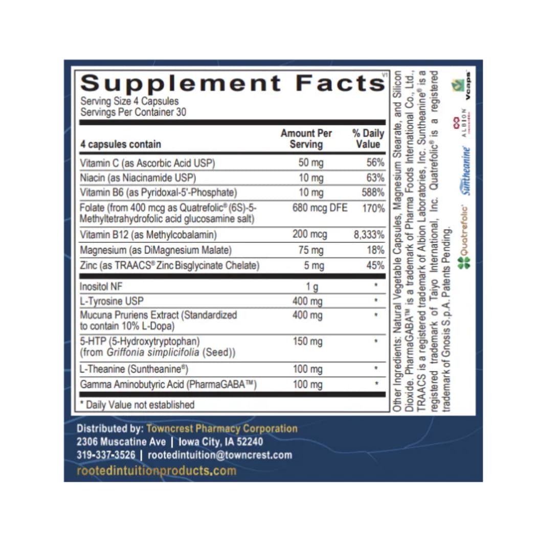 Rooted Intuition Low Key Calm & Mood Support Supplement, Amino Acid + B-Vitamin Complex, Capsules, 120