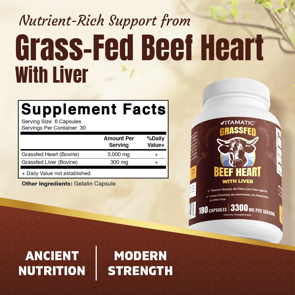 Vitamatic Grass-Fed Beef Heart with Liver Capsule, 180 Count