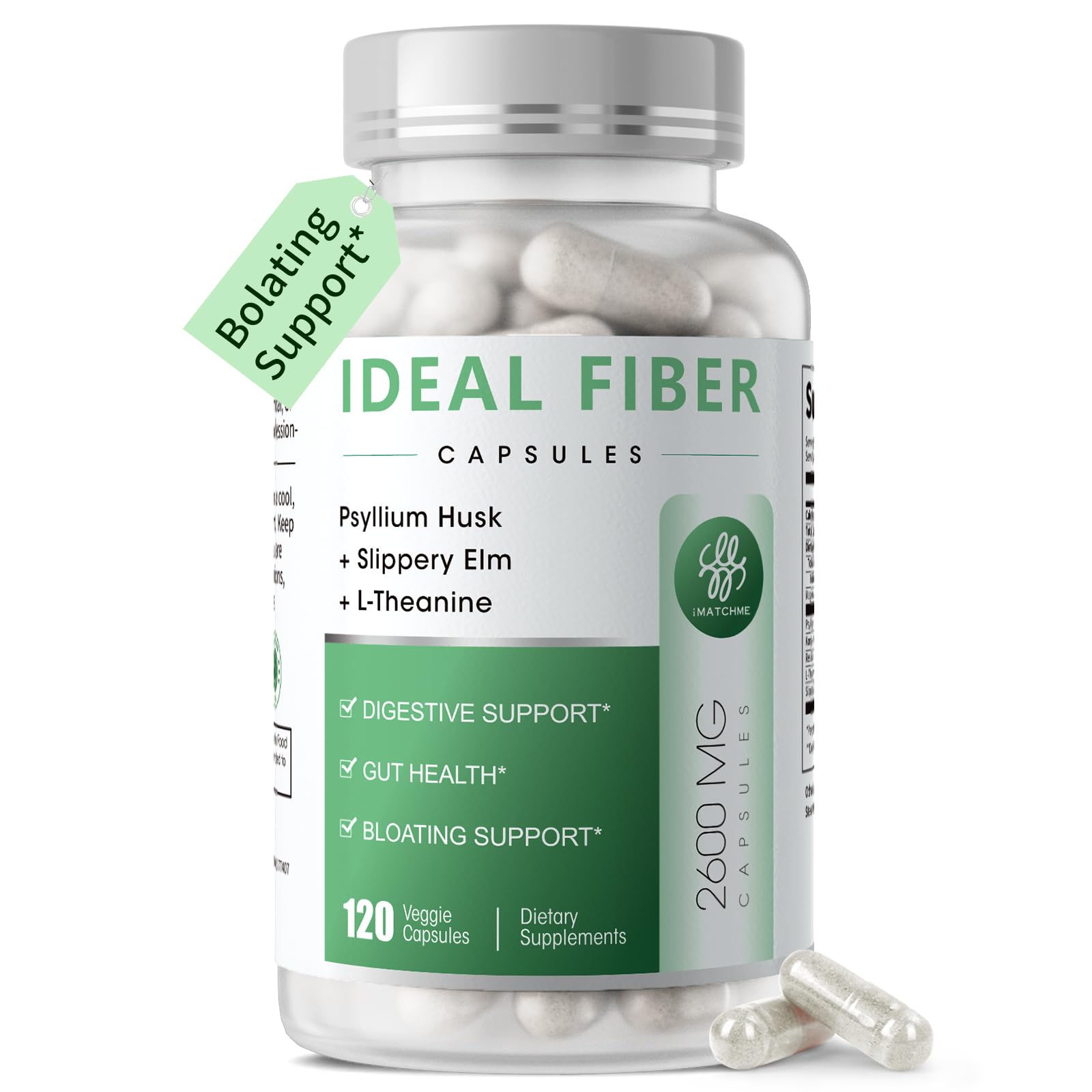 iMATCHME Psyllium Husk Powder 1500mg & Slippery Elm Fiber Supplement Capsules, 120 Count