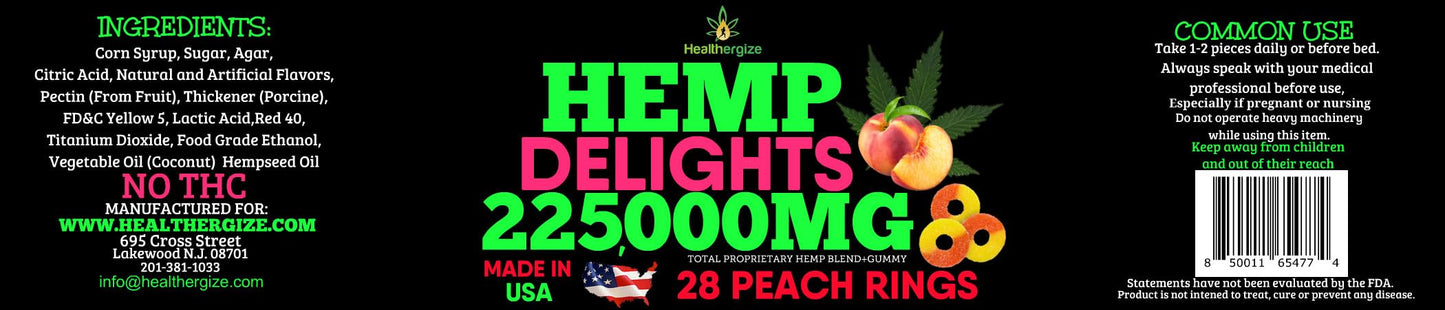 Healthergize Hemp Gummies for Deep Sleep Peach Rings Premium Hempseed Oil Gummy, 28 Count
