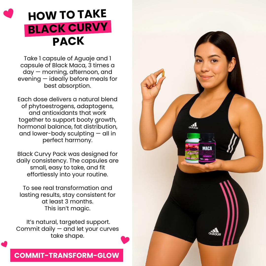 Curvy Fruit Maximum Booty Growth – Aguaje + Black Maca Pills for Women – Glute Volume Enhancer - Black Curvy Pack, 100 Capsules