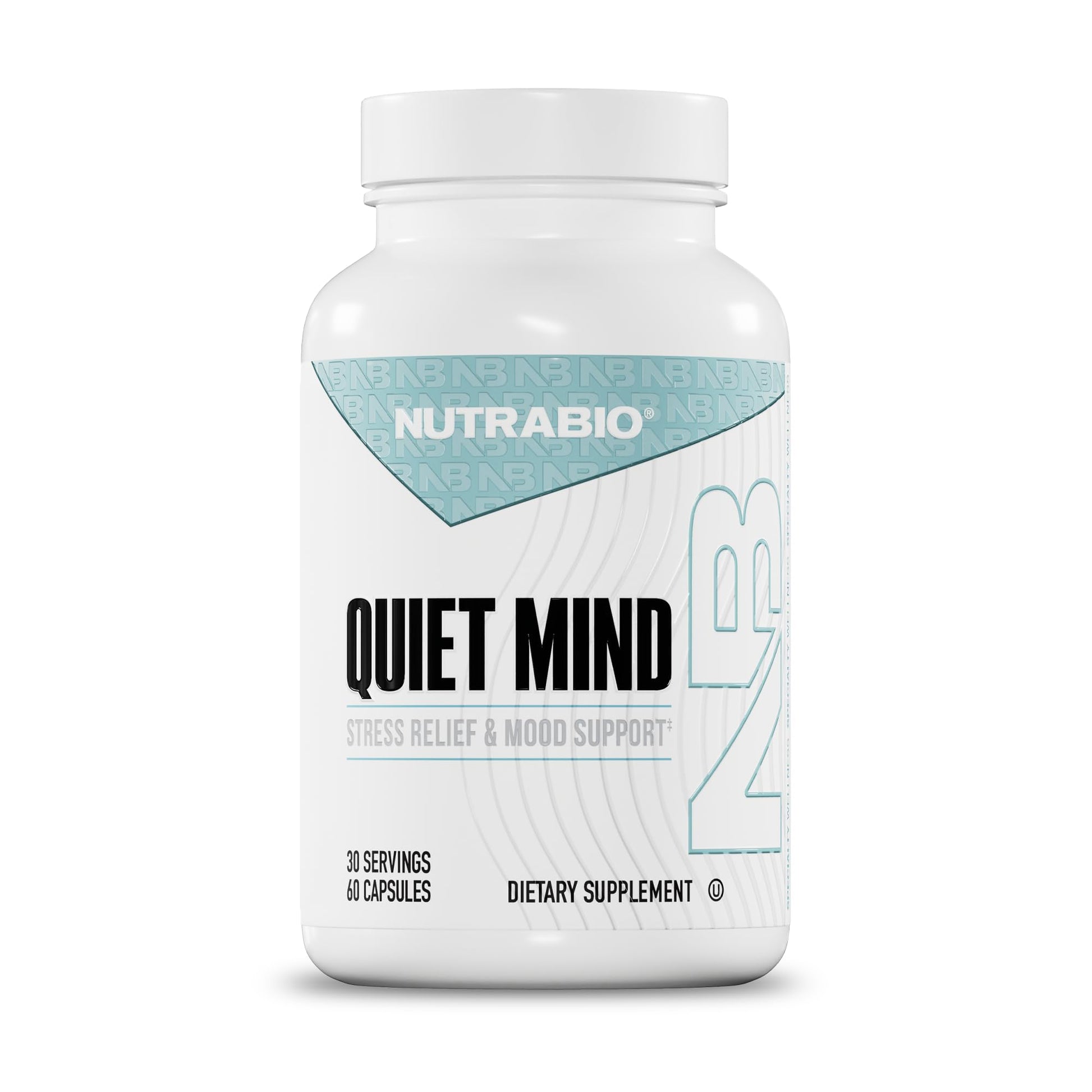 NutraBio Quiet Mind Stress Relief Mood Support Calm Supplement with Ashwagandha and L-Theanine, 60 Capsules