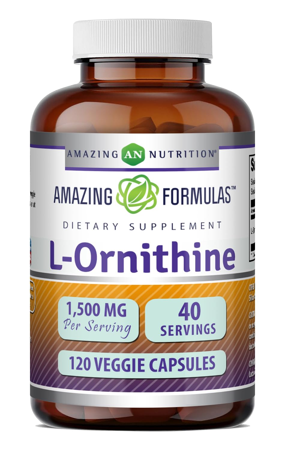 Amazing Nutrition L-Ornithine 1500 mg Per Serving Veggie Capsules, 120 Count