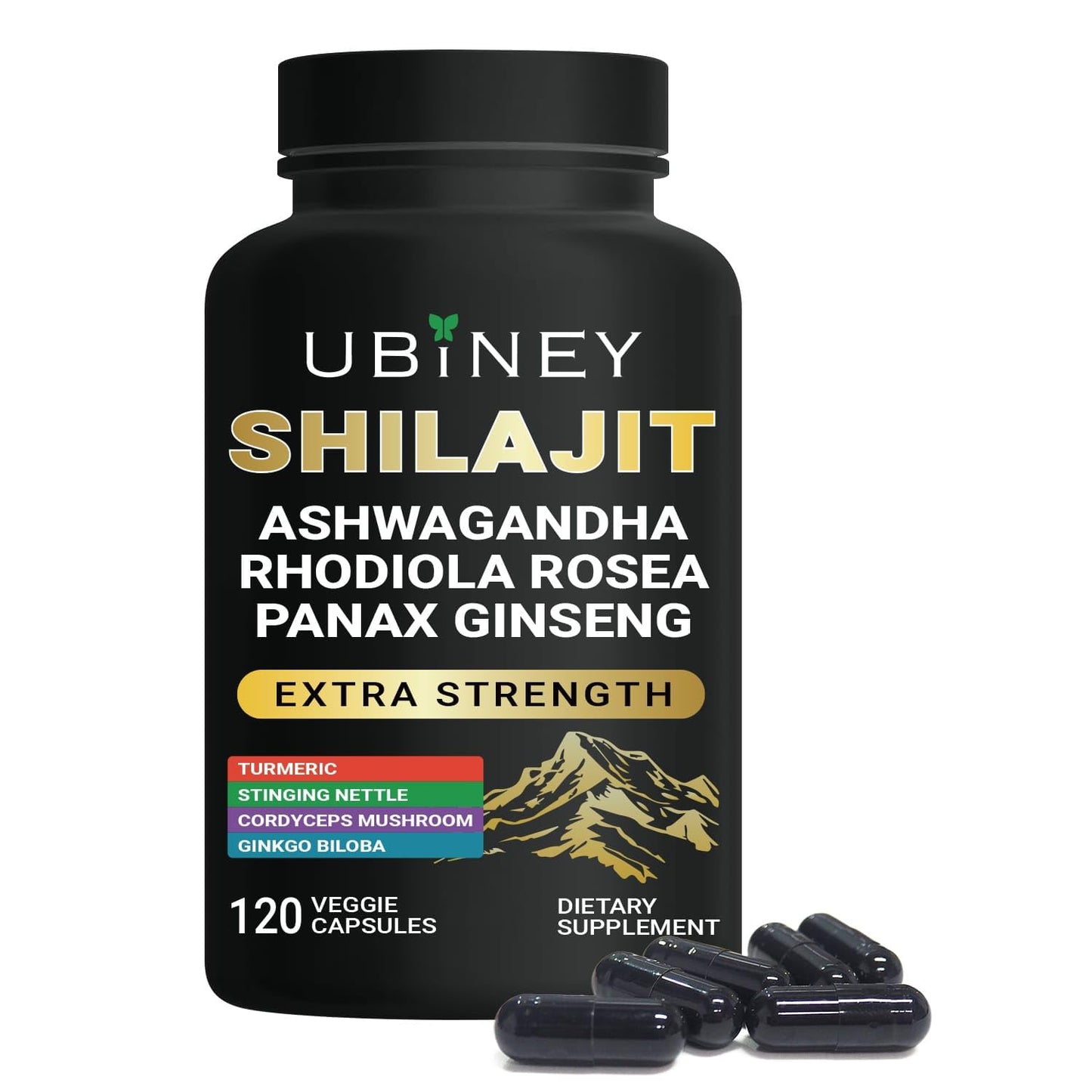 Ubiney Premium Shilajit Capsules 500mg with Ashwagandha, Ginseng & Cordyceps – 120 Vegan Capsules