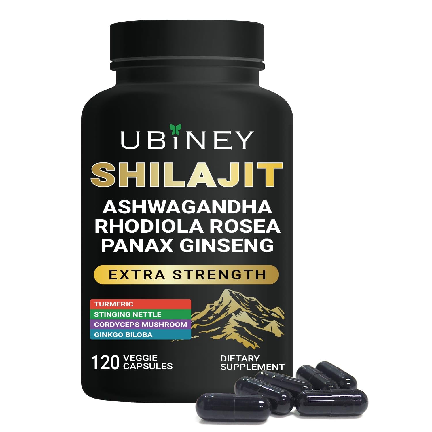 Ubiney Premium Shilajit Capsules 500mg with Ashwagandha, Ginseng & Cordyceps – 120 Vegan Capsules