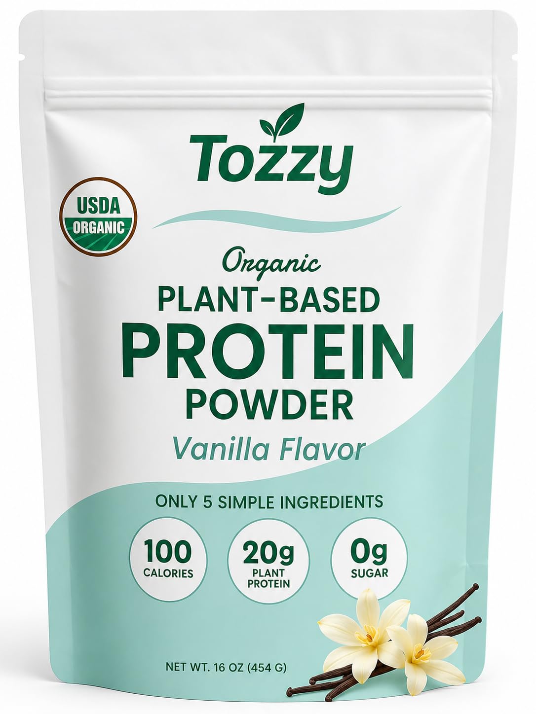 TOZZY Organic Vegan Protein Powder Vanilla, 16 Servings