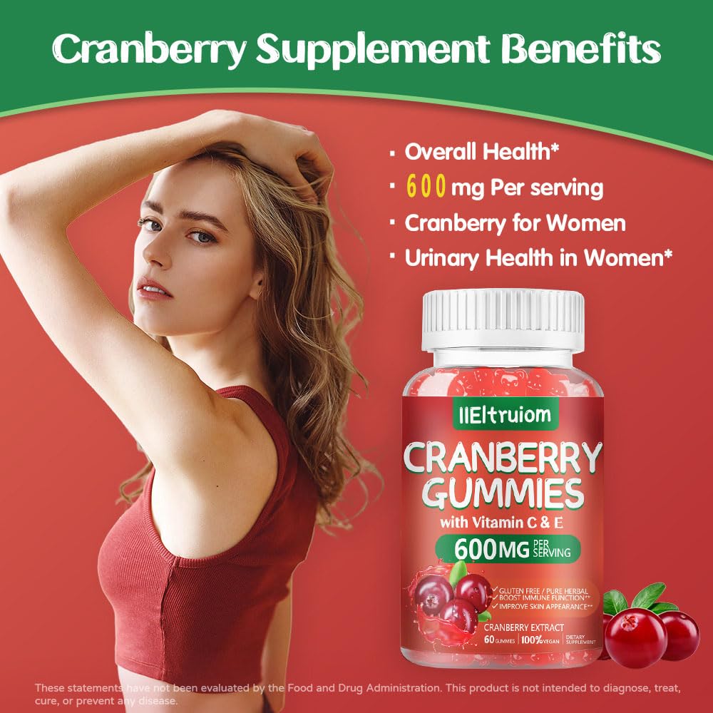 IIEltruiom Cranberry 600mg with Vitamin C & E Hibiscus Blend Sugar Free Gummies 120