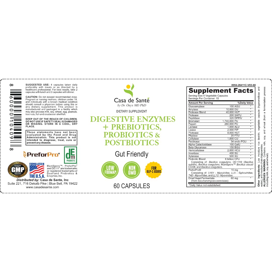 Casa de Sante FODMAP Digestive Enzymes with Probiotics Prebiotics & Postbiotics - GLP-1 Support | Low FODMAP Gut Friendly 4-in-1 | 18 Enzymes + 6 Billion CFU | MD PhD Developed Capsules 60