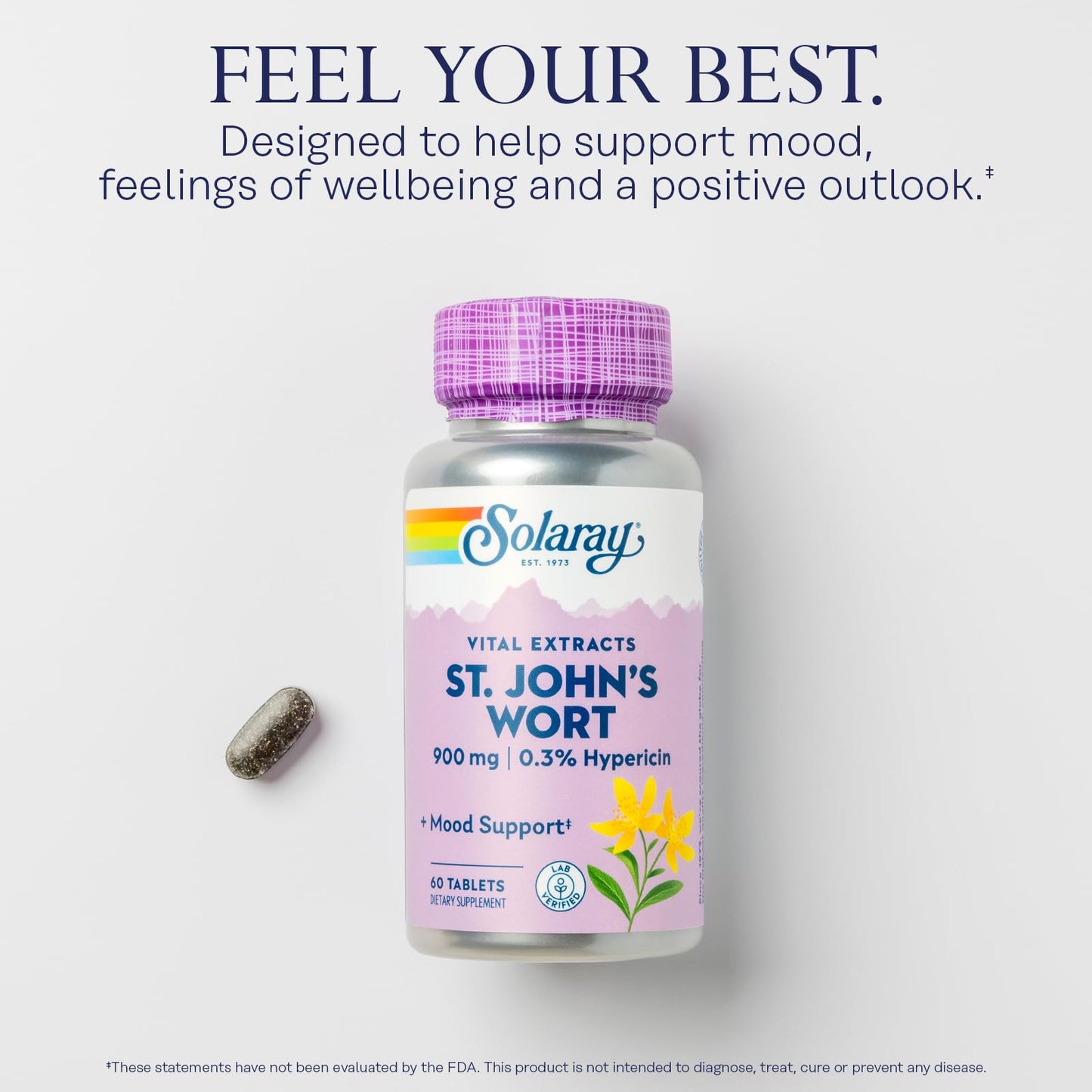 SOLARAY St. Johns Wort Aerial Extract One Daily 900mg, Standardized w/ 0.3% Hypericin for Mood Stability & Brain Health Support, Non-GMO, 60 Tablets
