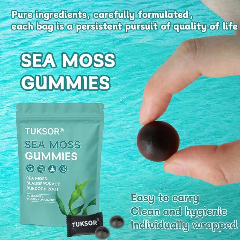 TUKSOR Organic Sea Moss Gummies with Black Seed Oil, Burdock Root, Ashwagandha & Bladderwrack – Herbal Energy, 60 Gummies