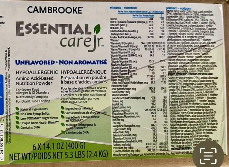 Cambrooke Essential Care JR Unflavored Hypoallergenic Amino Acid-Based Nutrition Powder, 6 Packages