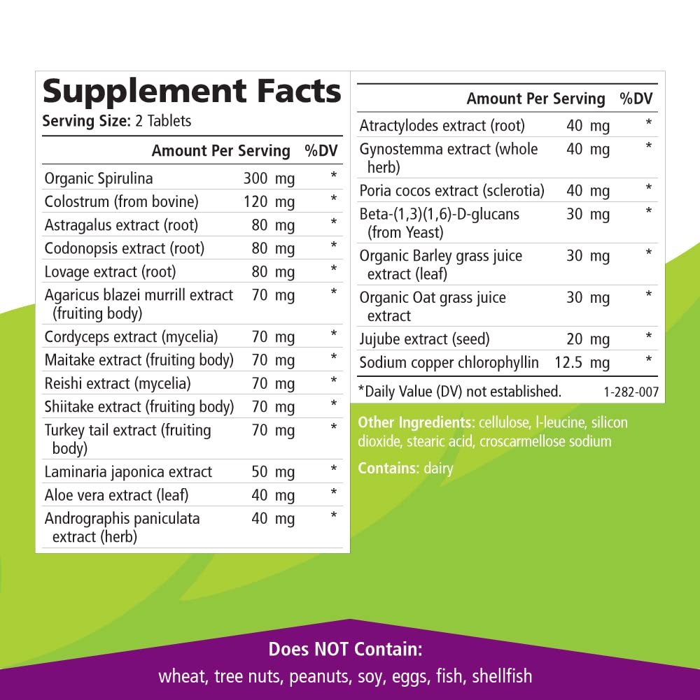 Pure Essence Labs Immune Cellular Support System with Maitake, Reishi, Shitake Mushroom, Spirulina, Colostrum, Fucoidan and More, 60 Tablets
