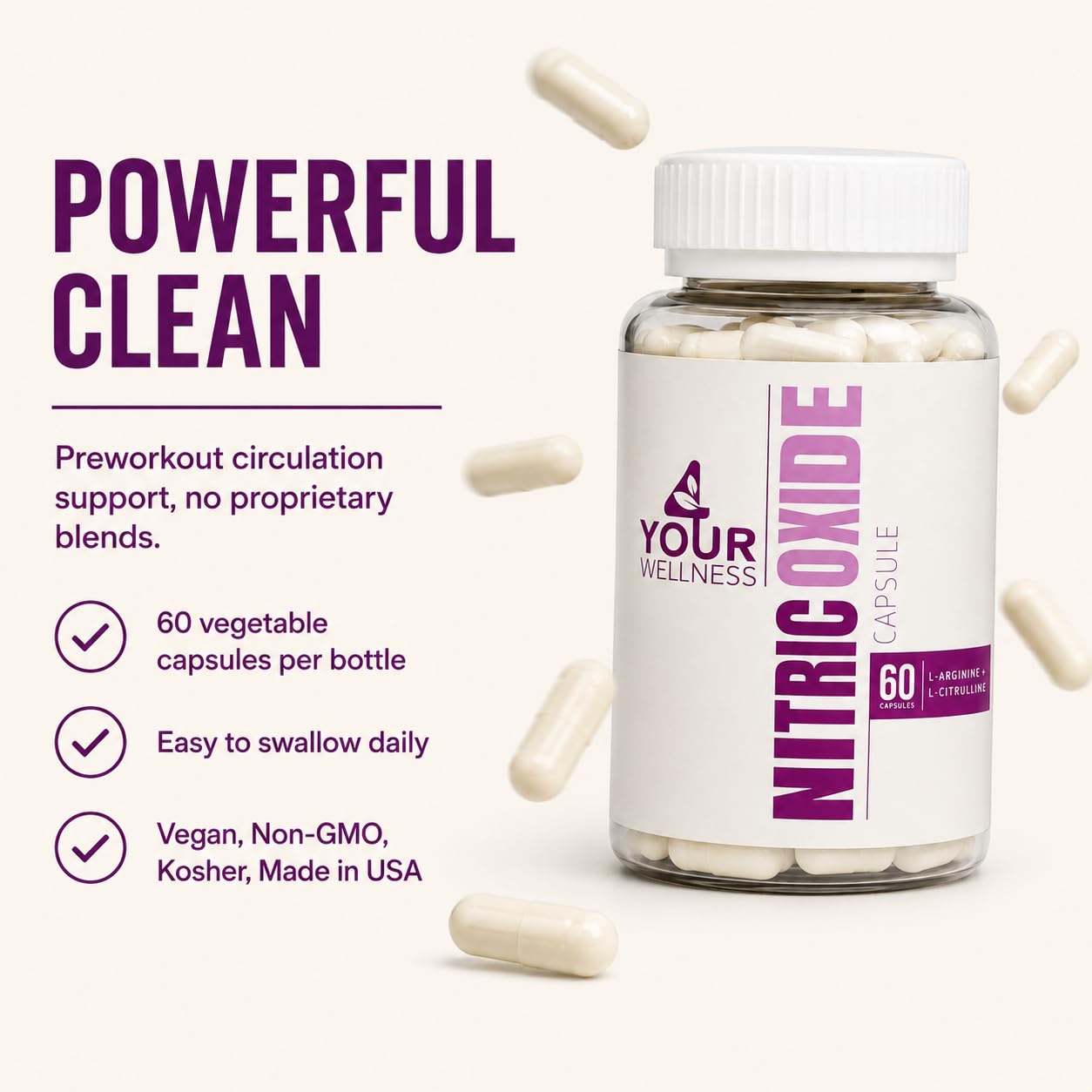 4 Your Wellness Nitric Oxide Supplement with L-Arginine & L-Citrulline for Circulation and Blood Pressure Support, Clean Energy – Vegan, Non-GMO, Kosher, Capsule, 60 Capsules