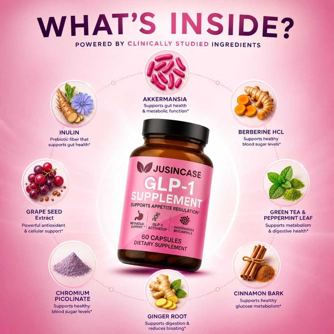 JUSINCASE GLP-1 Supplement for Men & Women with Akkermansia Probiotic & Prebiotic Fiber 60 Capsules