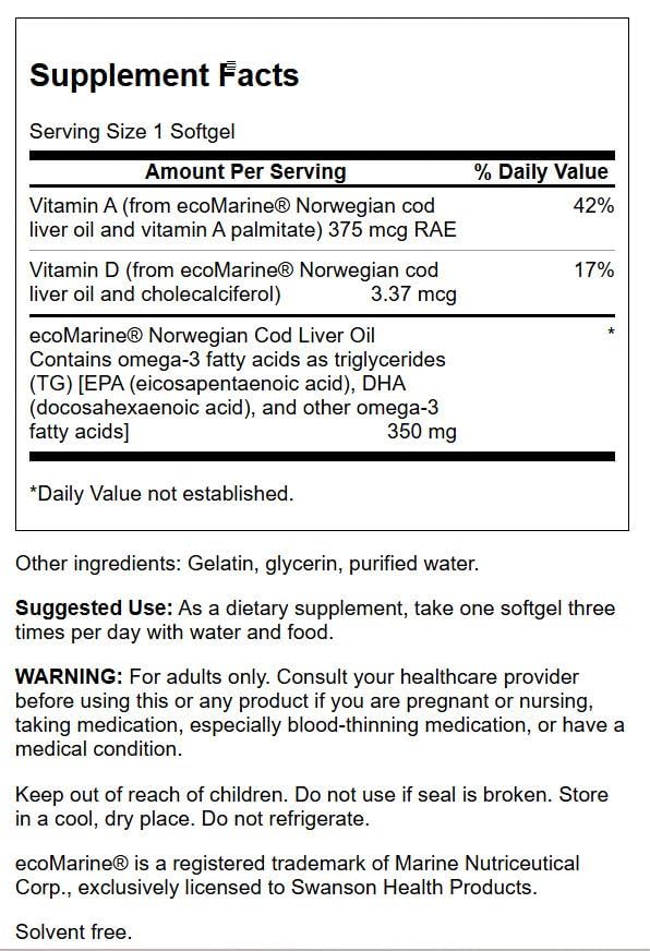 Swanson Cod Liver Oil Softgels 180 Count