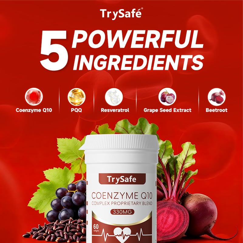 TrySafe Coenzyme Q10 Complex Proprietary Blend with Grape Seed Extract, Beetroot, Resveratrol & PQQ Softgels, 60 Count