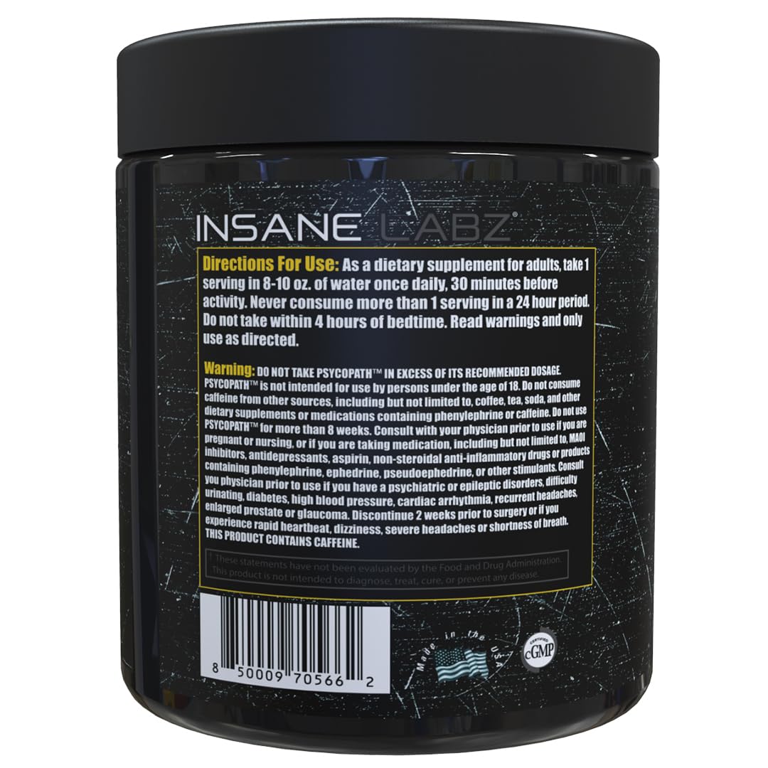 Insane Labz Psychopath, High Stimulant, Insane Energy, Focus and Endurance Preworkout Powder with Panax Ginseng, Rhodiola, Red Sage Root & Rauwolfia, 30 Servings