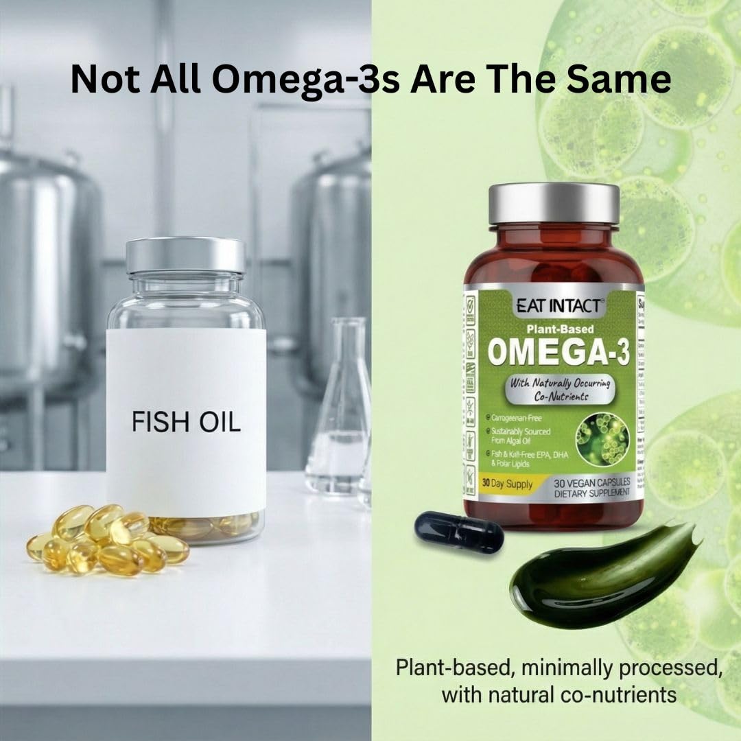 EAT INTACT Vegan Omega 3 from Algae Oil – Plant-Based, Unconcentrated EPA & DHA with Naturally Occurring Polar Lipids – Fish & Krill Oil Alternative – Carrageenan-Free, Non-GMO – 1 Capsule