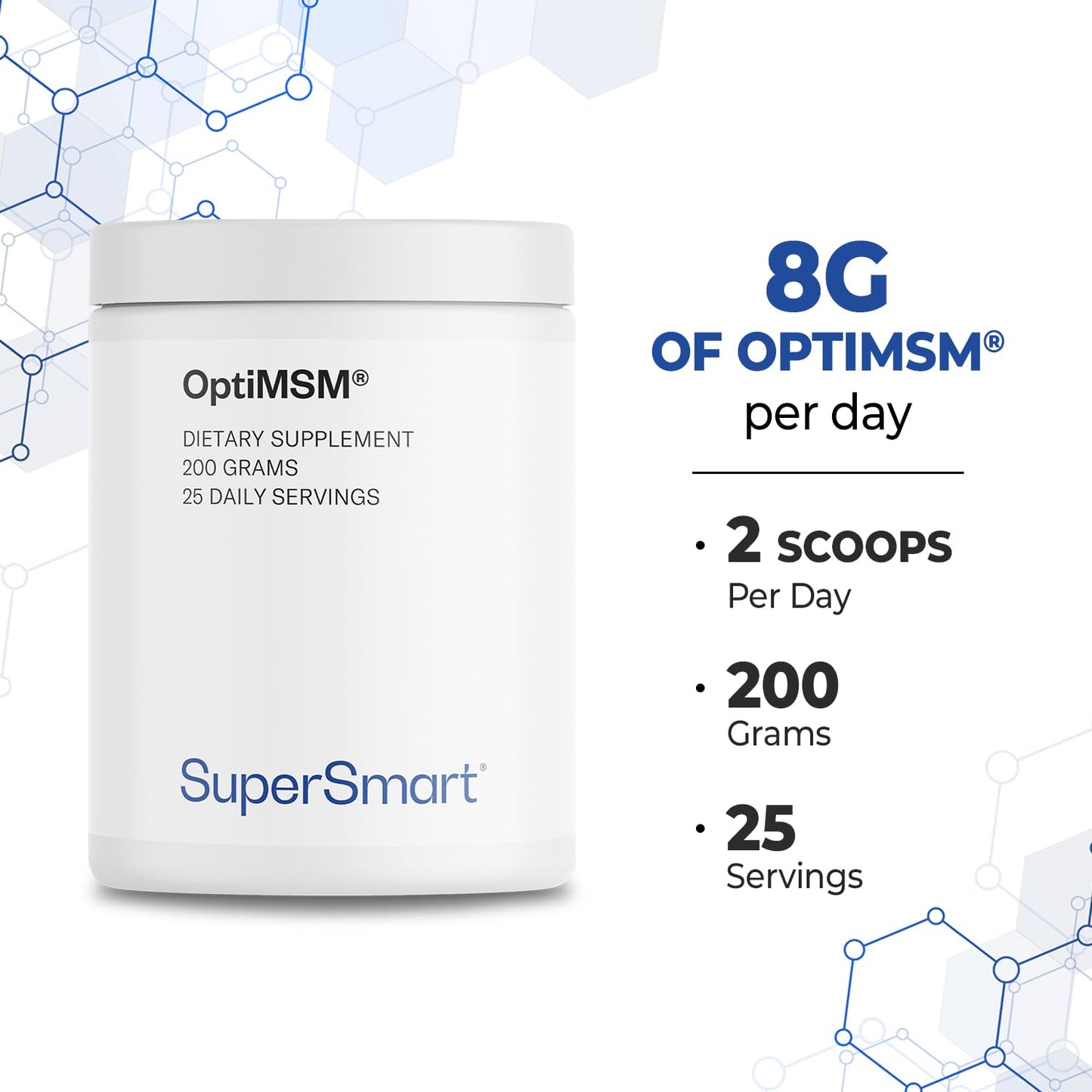 Supersmart OptiMSM (Methyl-Sulfonyl-Methane) - Patented High Purity Formula Powder 7.0548