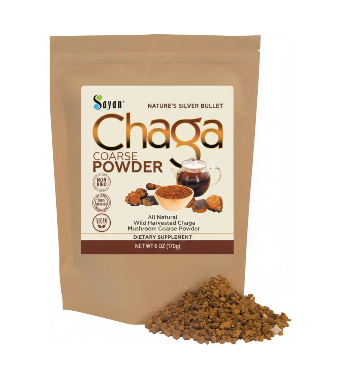 Sayan Siberian Pure Raw Coarse Chaga Powder, 6 oz